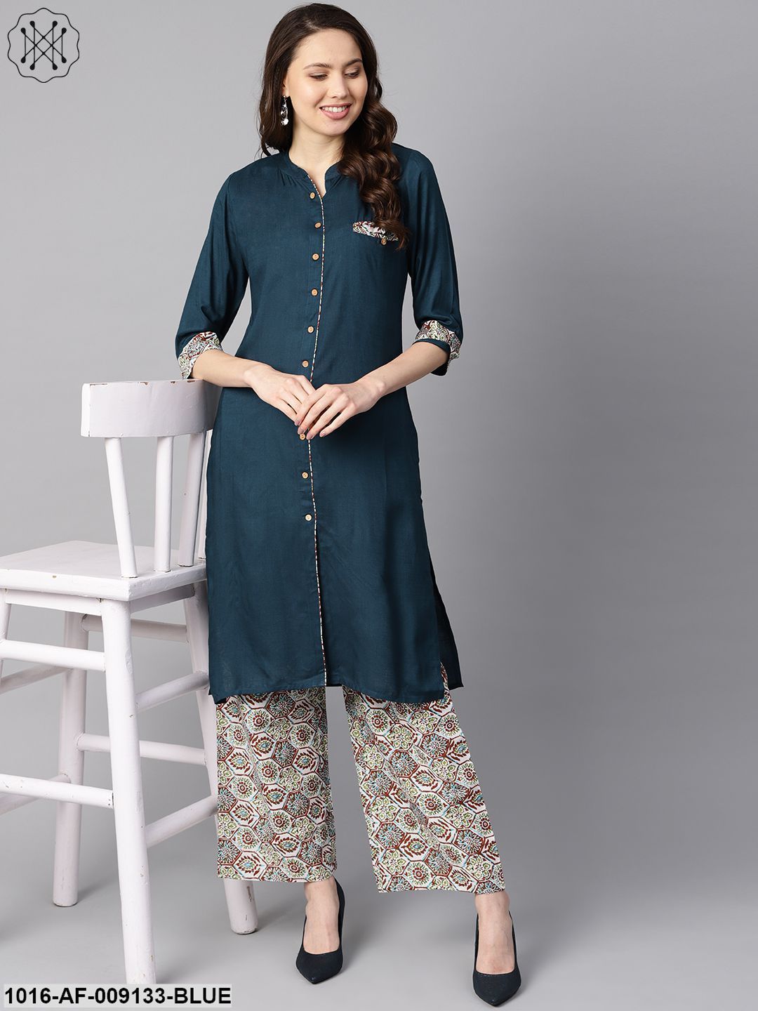 Solid Dark Blue Rayon Straight Kurta With Printed Pocket And Cotton Printed Palazzo