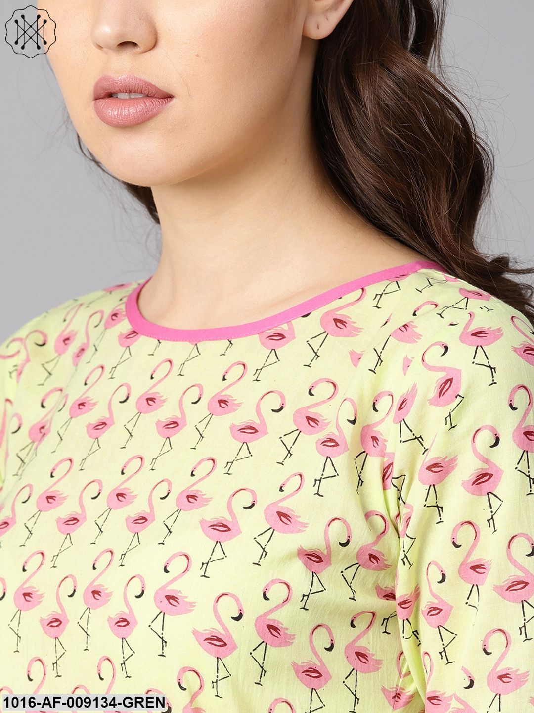 Flamingo Bird Print Anarkali With Side Dori And Pom Pom Lace Detailing With Flamingo Bird Printed Pants