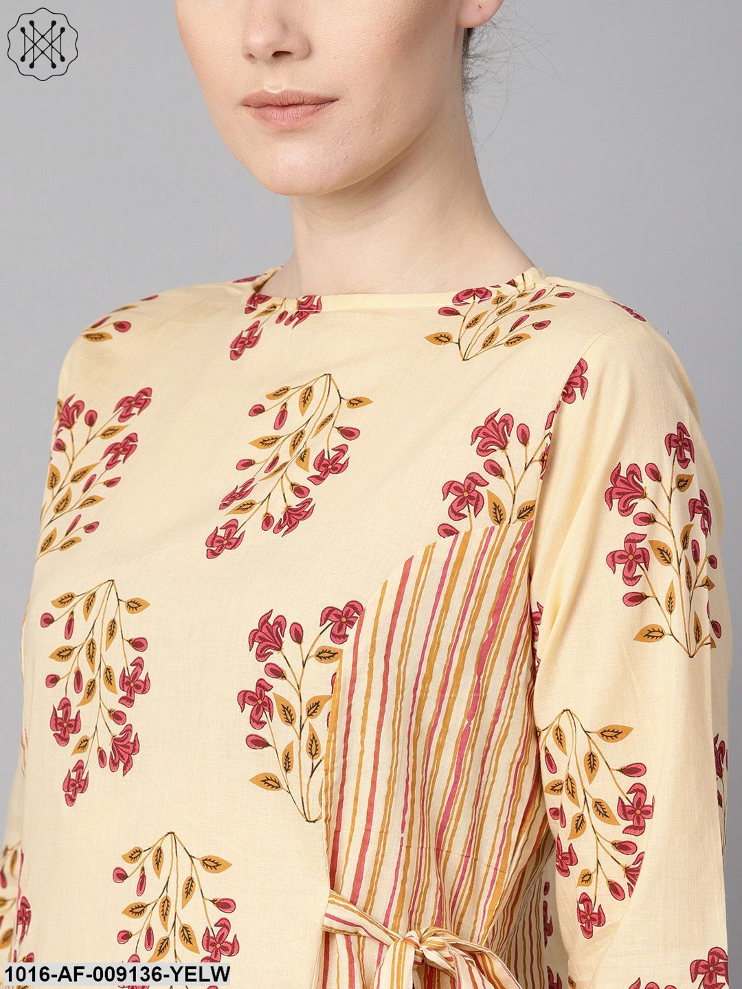 Floral Printed Kurta With Striped Panels With Solid Light Beige Salwar