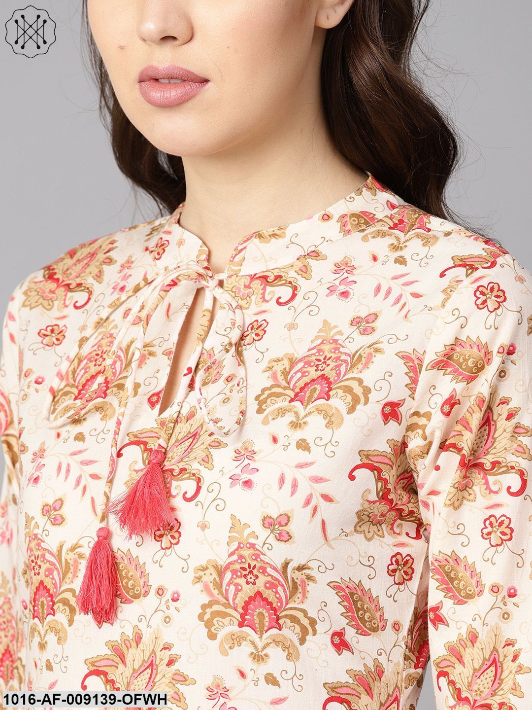 Multi Colored Floral Printed Straight Kurta With Detailed Cuff With Solid Pink Pants
