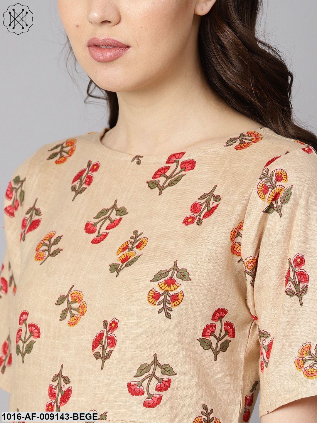 Beige Floral PrintedBoat Neck Half Sleeve Straight Kurta With Solid Pants.