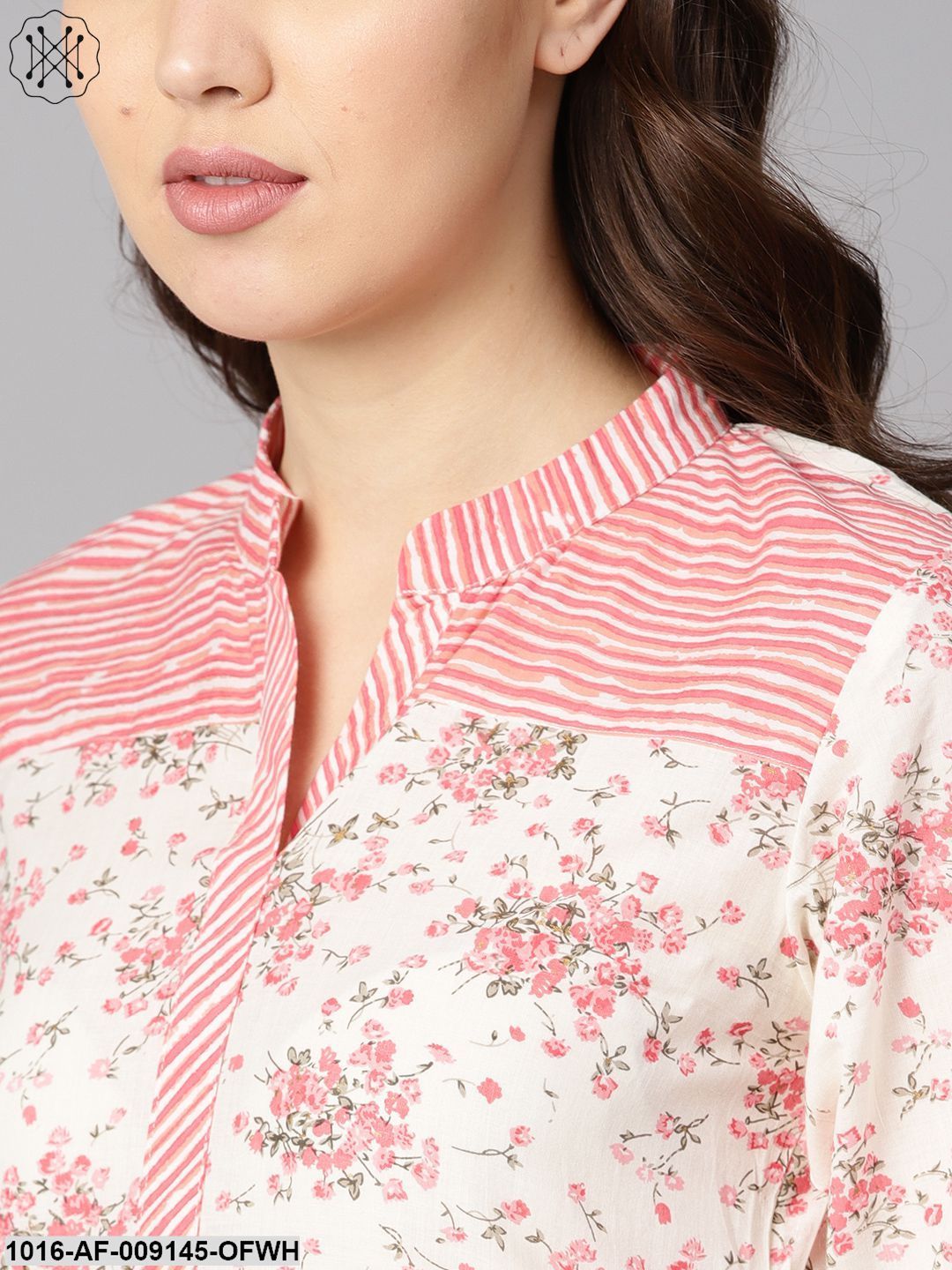 Off-White Floral Printed Straight Kurta With Stripped Yoke And Cigratte Pants.