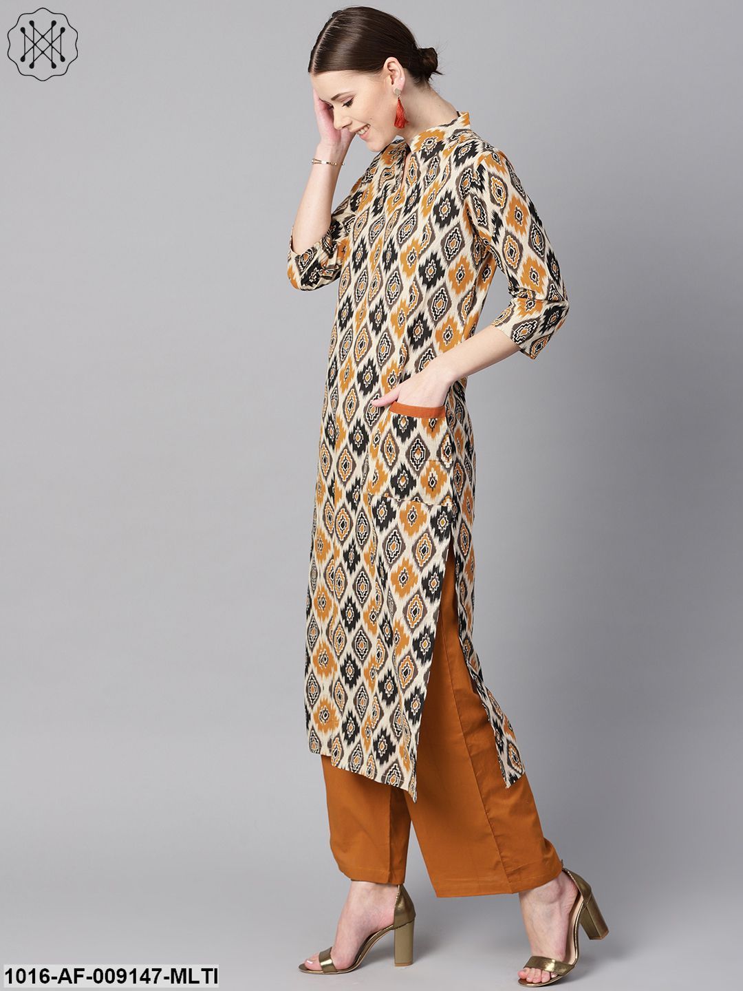 Brown Printed Half Sleeve With Pocket Details Kurta Set With Solid Brown Pants