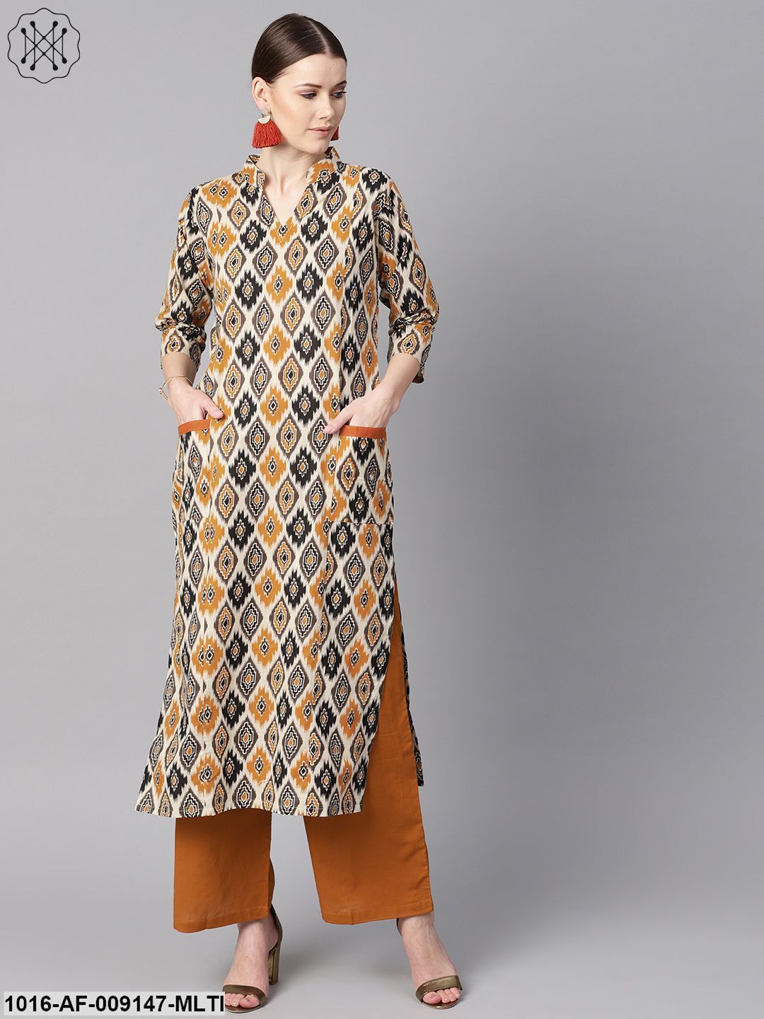 Brown Printed Half Sleeve With Pocket Details Kurta Set With Solid Brown Pants