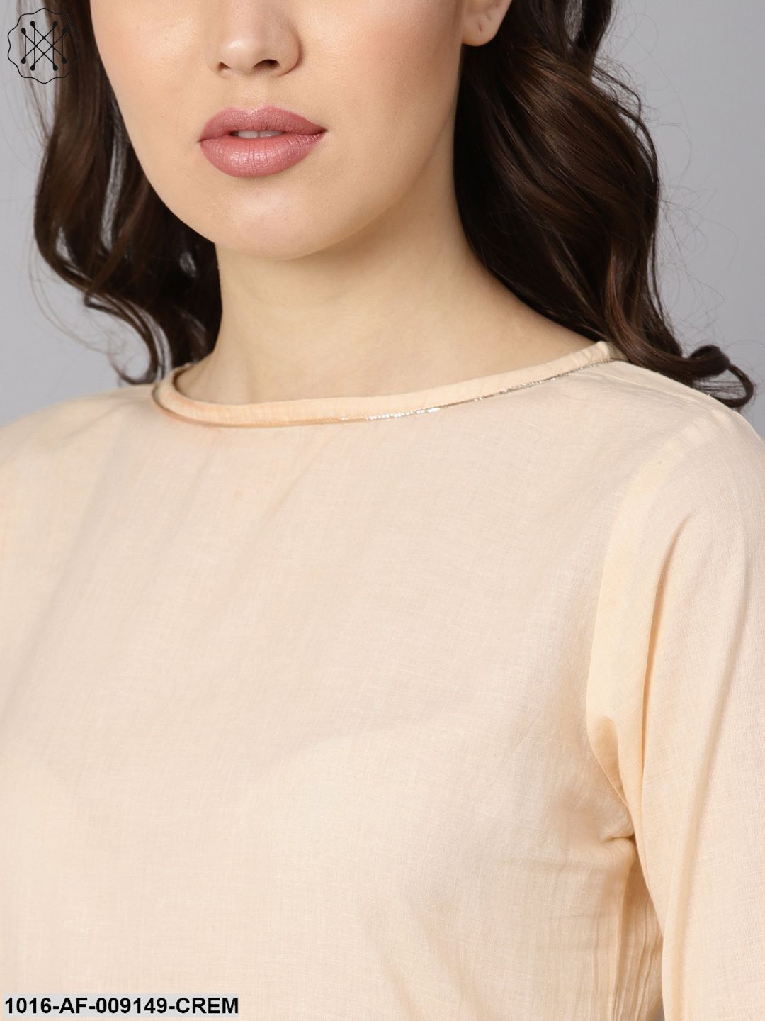 Cream 3/4Th Sleeve Kurta Set With Gold Printed Sharara & Powder Blue Checked Dupatta