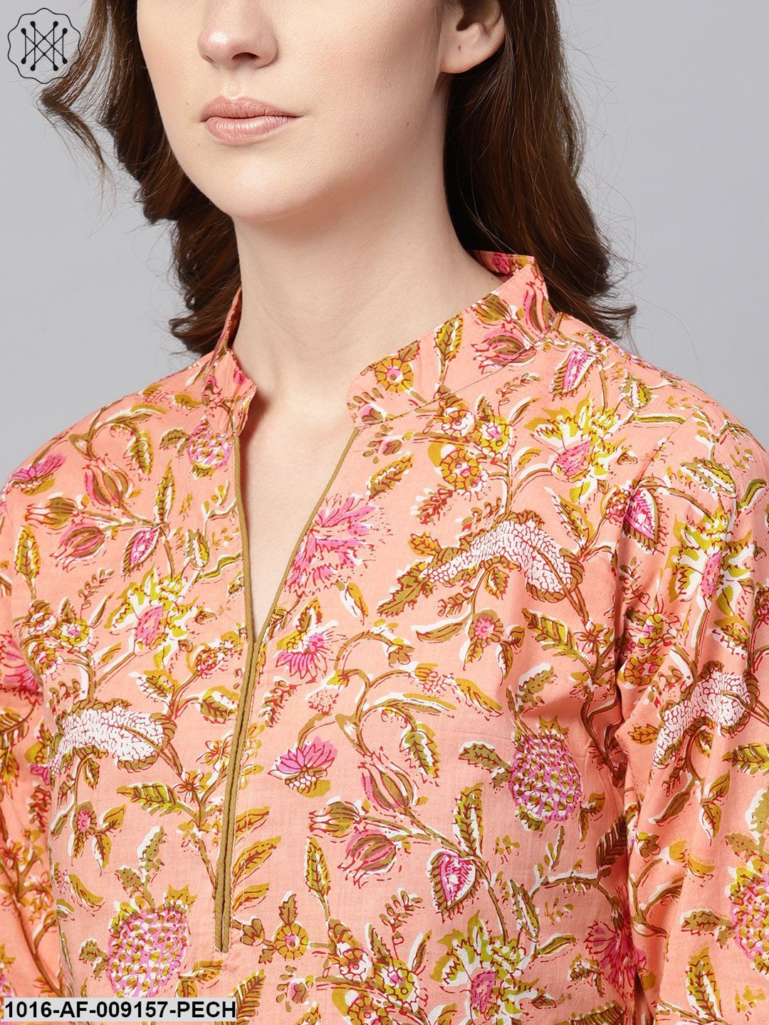Peach Floral Printed Kurta With Solid Olive Green Pants