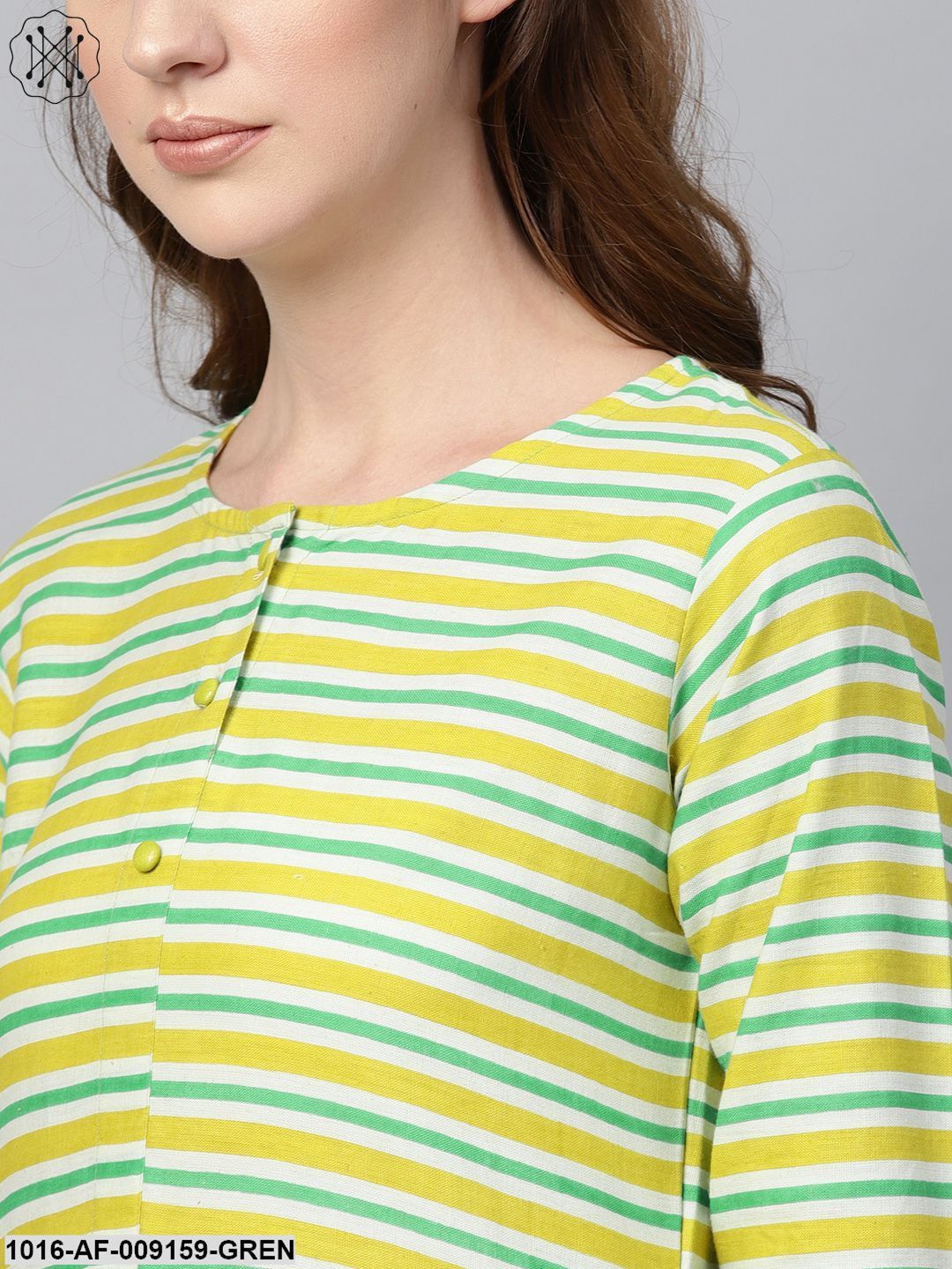 Green Stripped 3/4Th Sleeve Kurta Set With Solid Pants