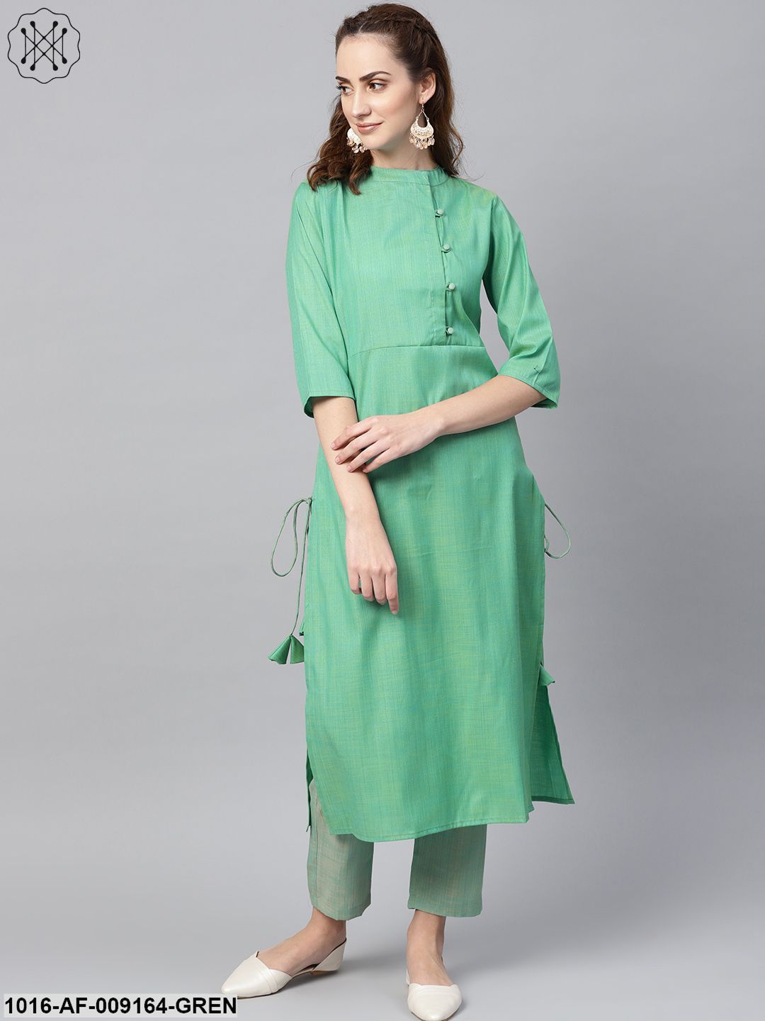 Turquoise Green Straight 3/4Th Sleeve Cotton Kurta Set With Pants