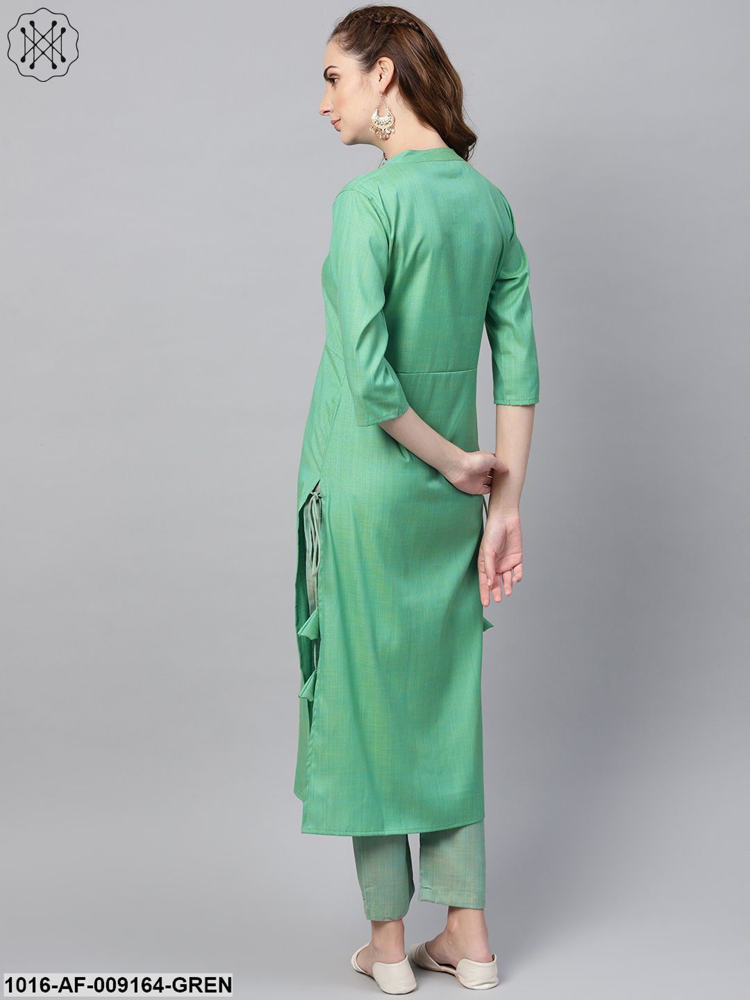 Turquoise Green Straight 3/4Th Sleeve Cotton Kurta Set With Pants