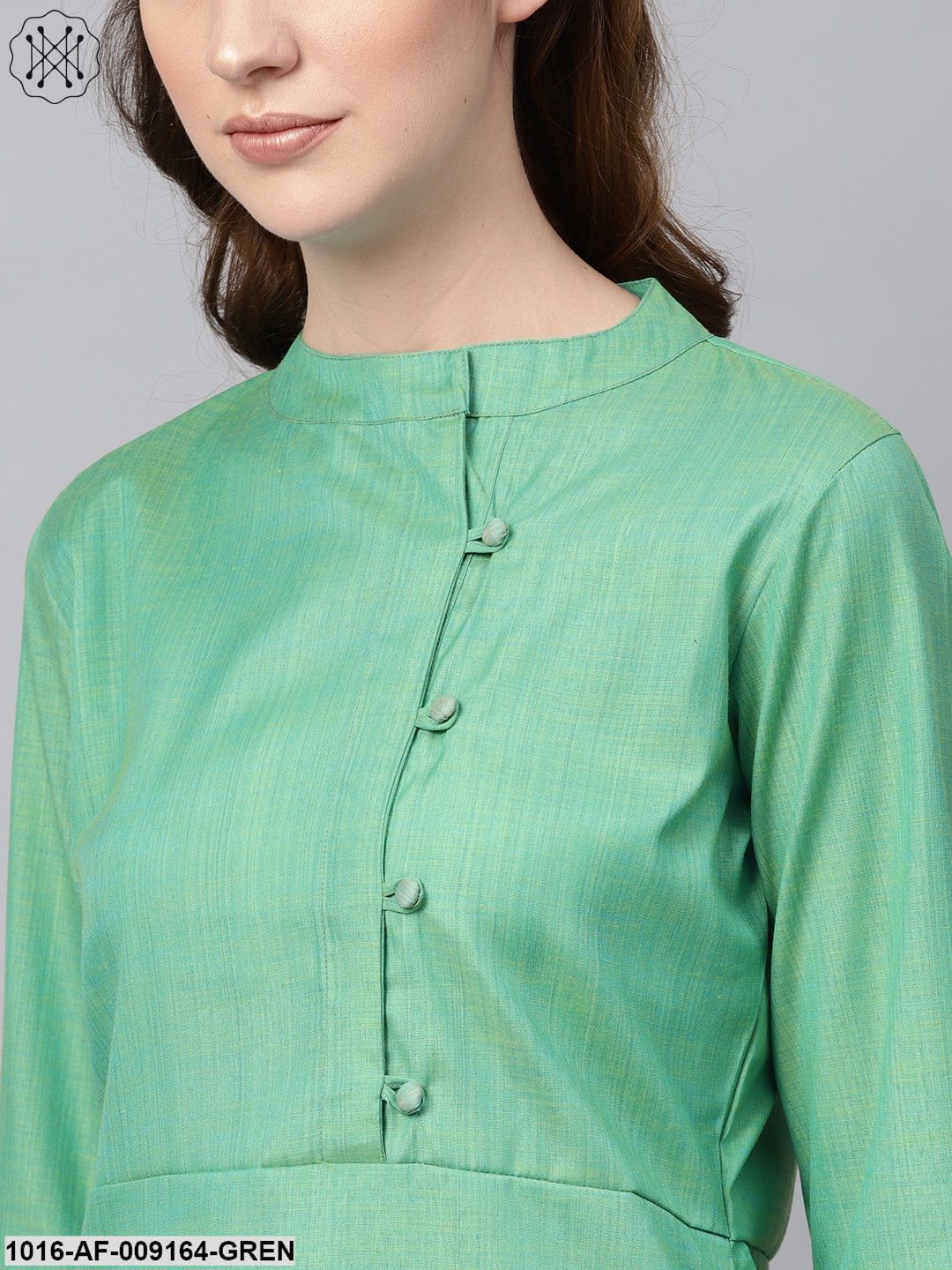 Turquoise Green Straight 3/4Th Sleeve Cotton Kurta Set With Pants
