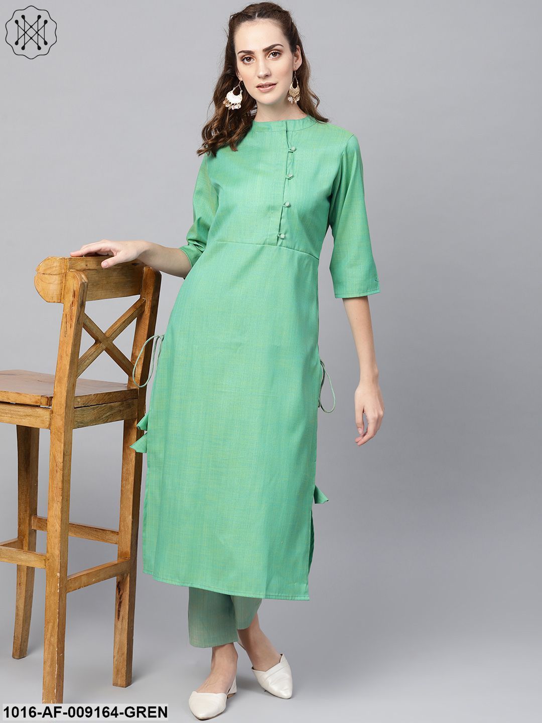 Turquoise Green Straight 3/4Th Sleeve Cotton Kurta Set With Pants