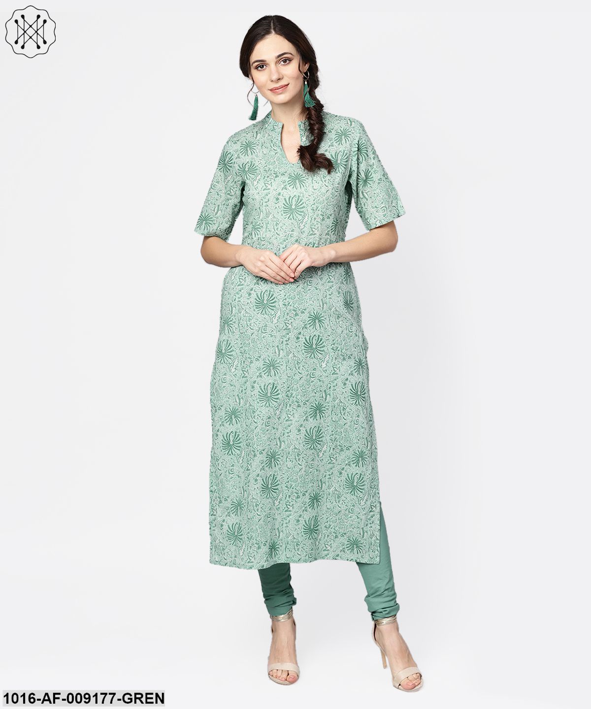 Pastel Green Kurta With Stand Collar & 3/4 Sleeves With Churidar