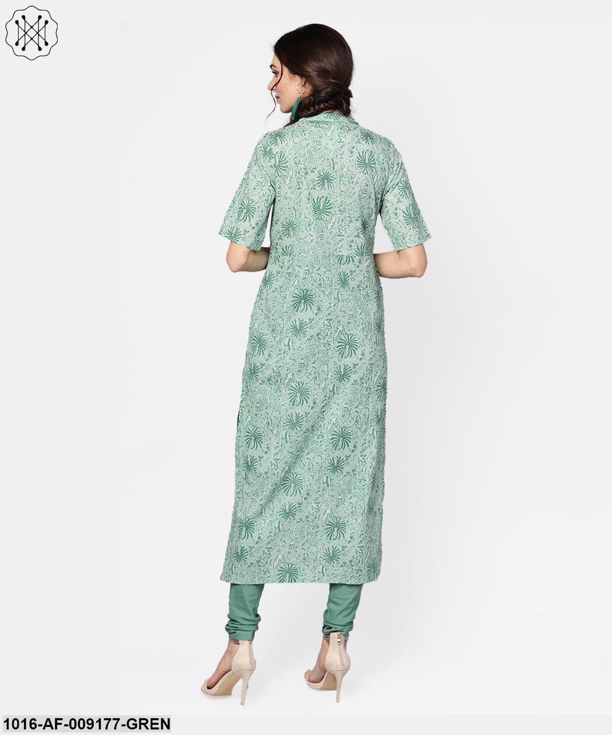 Pastel Green Kurta With Stand Collar & 3/4 Sleeves With Churidar