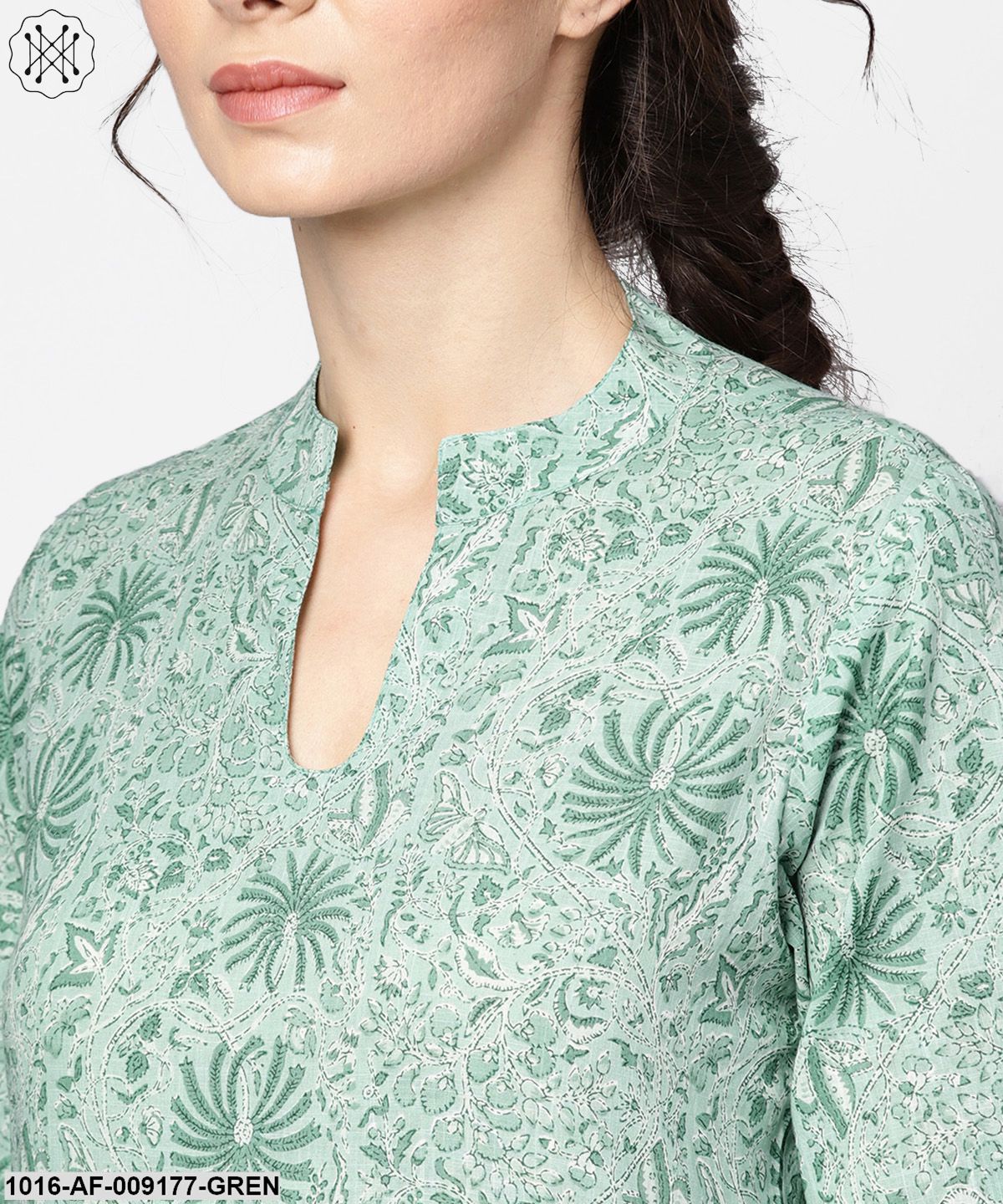 Pastel Green Kurta With Stand Collar & 3/4 Sleeves With Churidar
