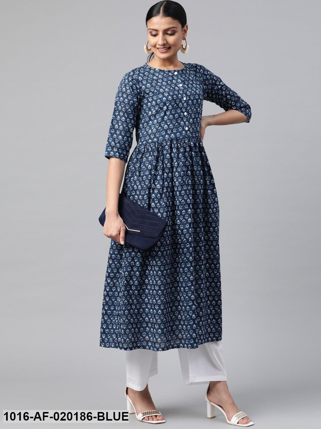 Blue & White Ethnic Motif Print Kurta with Palazzos
