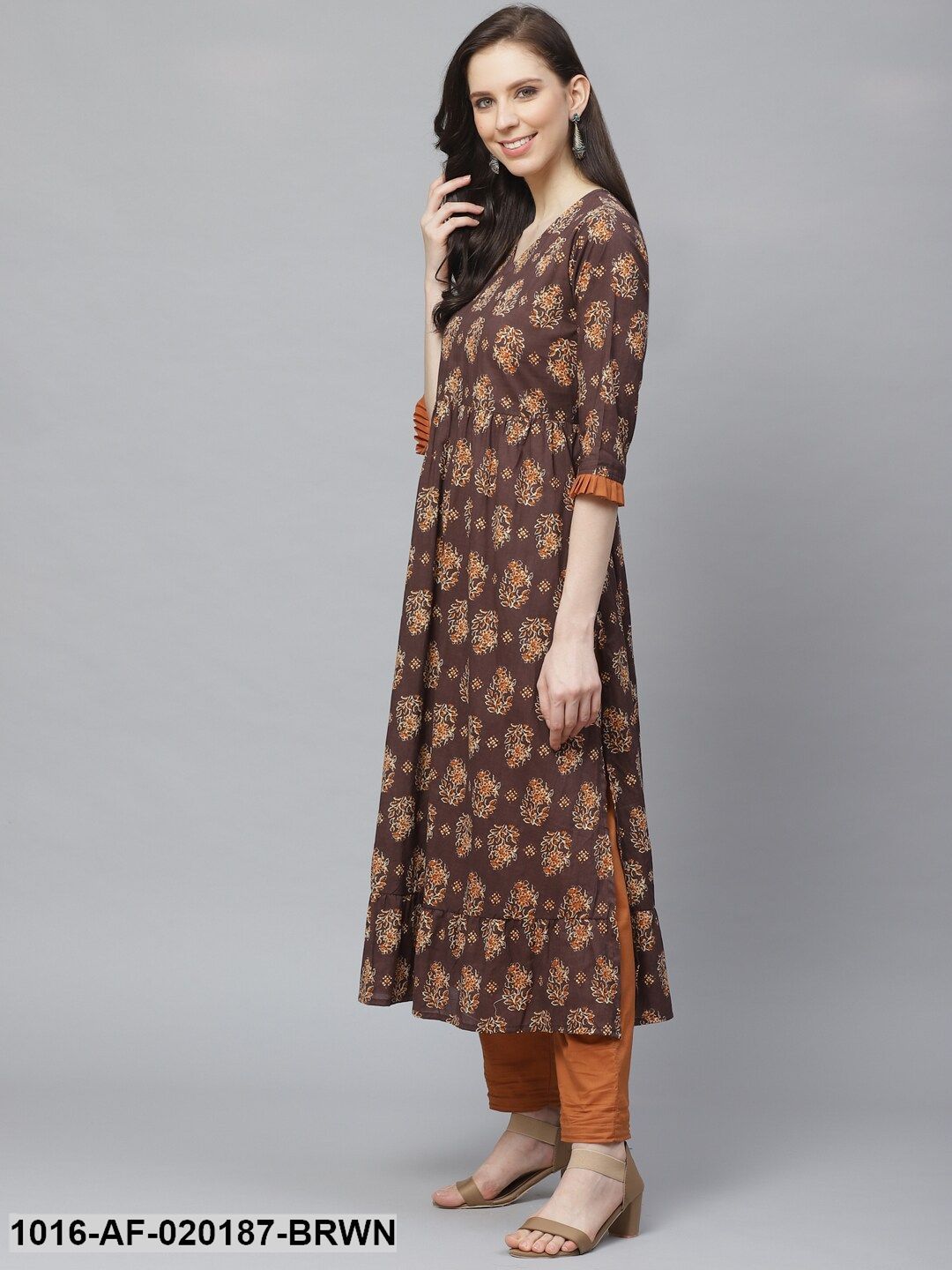 Brown Printed Kurta with Trousers