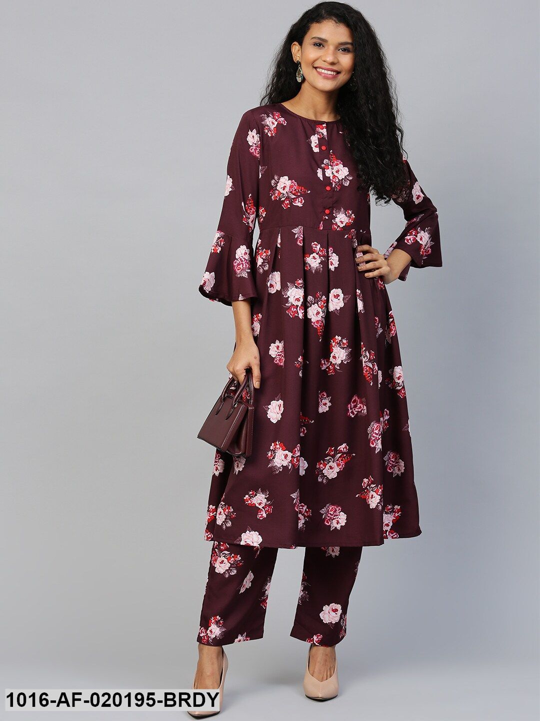 Burgundy & Pink Floral Print Kurta with Palazzos