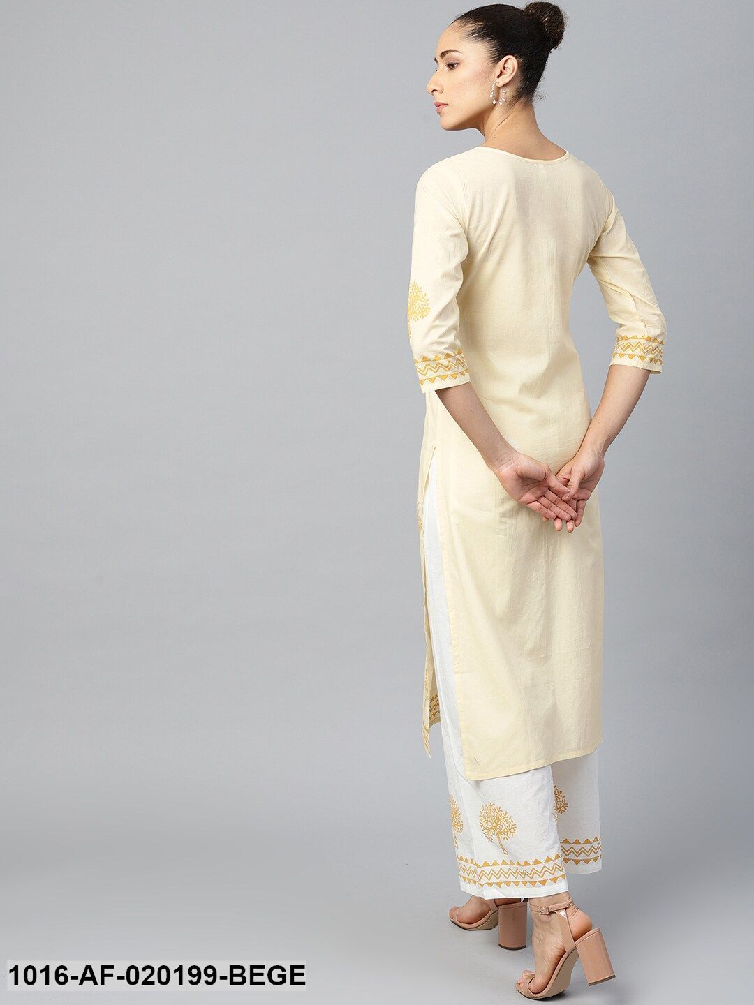 Beige & White Printed Kurta with Palazzos