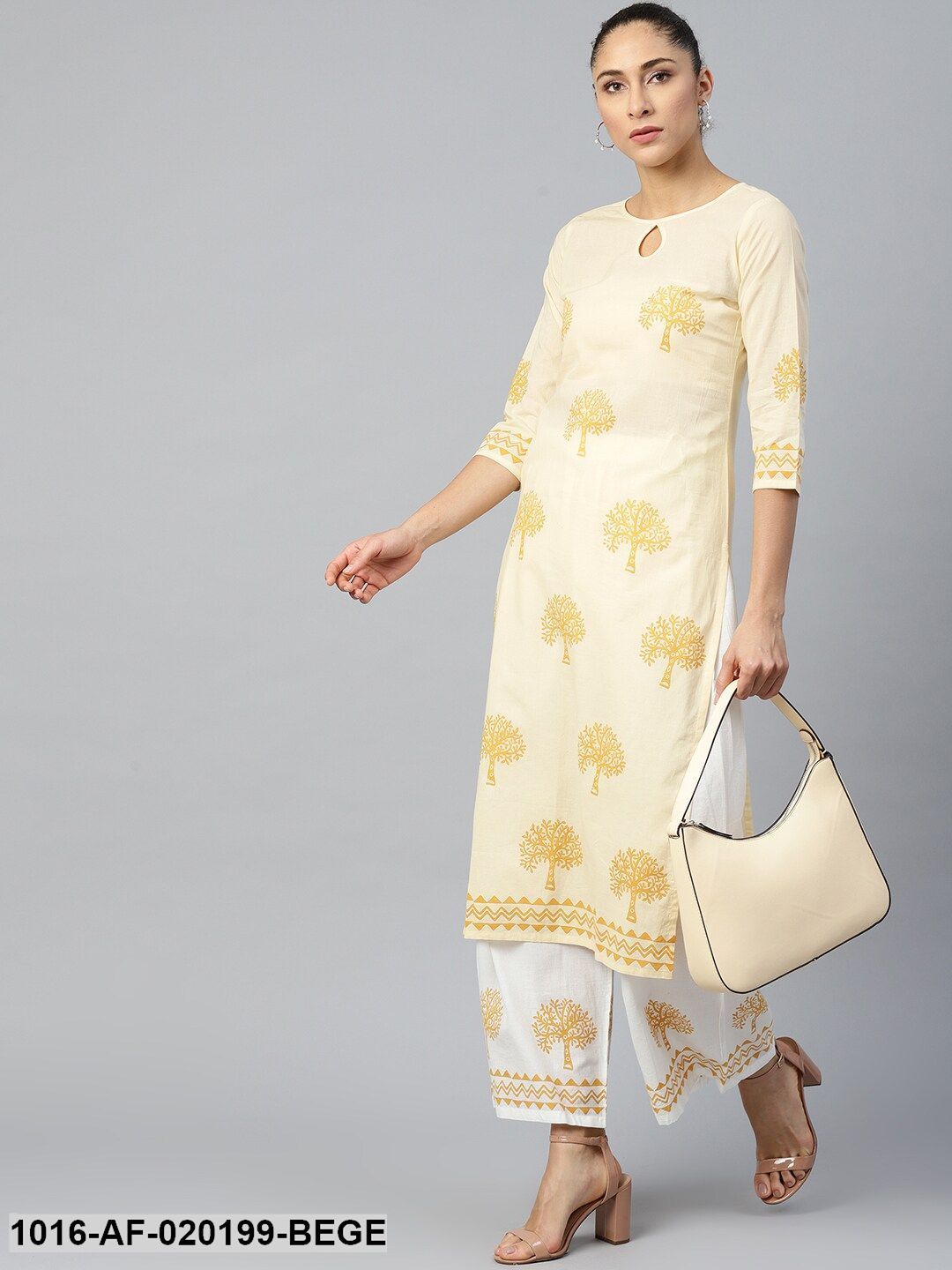 Beige & White Printed Kurta with Palazzos