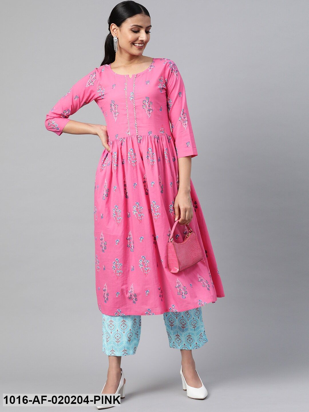 Pink & Blue Floral Print Kurta with Palazzos