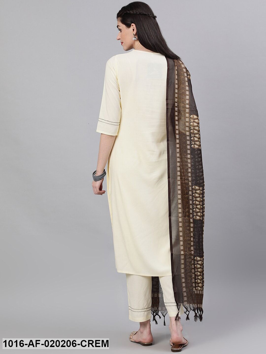 Cream-Coloured & Brown Solid Kurta with Trousers & Dupatta