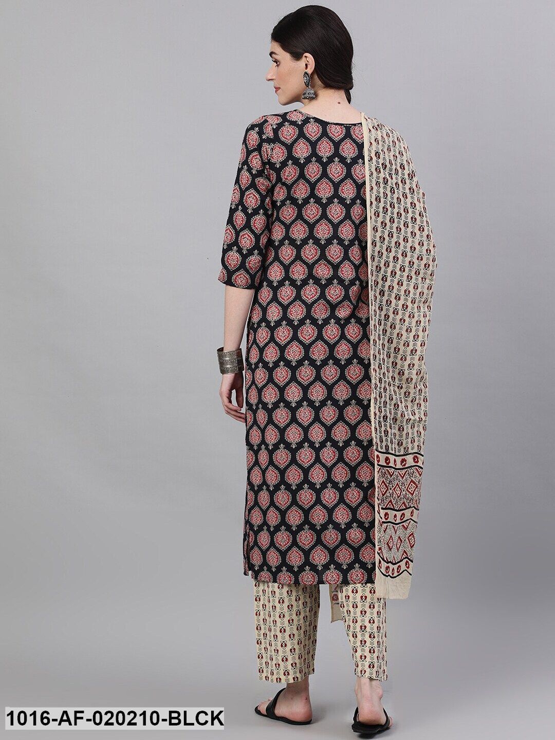 Black & Beige Printed Kurta with Trousers & Dupatta