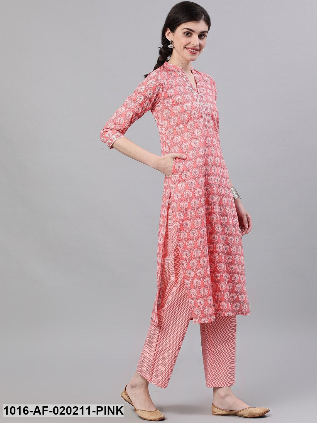 Pink & White Printed Kurta with Trousers & Dupatta