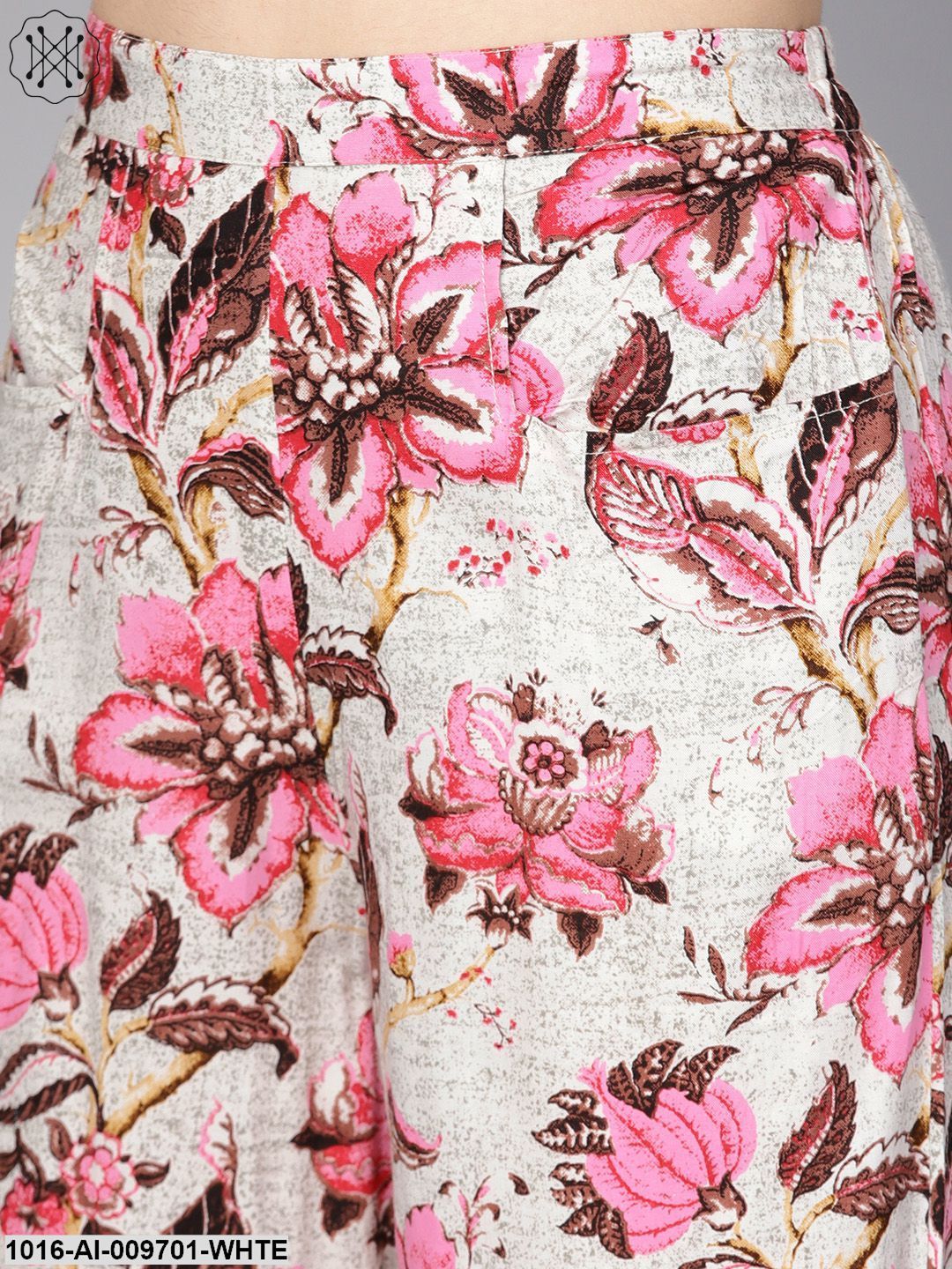 White & Chocolate Brown Printed Palazzo With Drawstring At Bottom