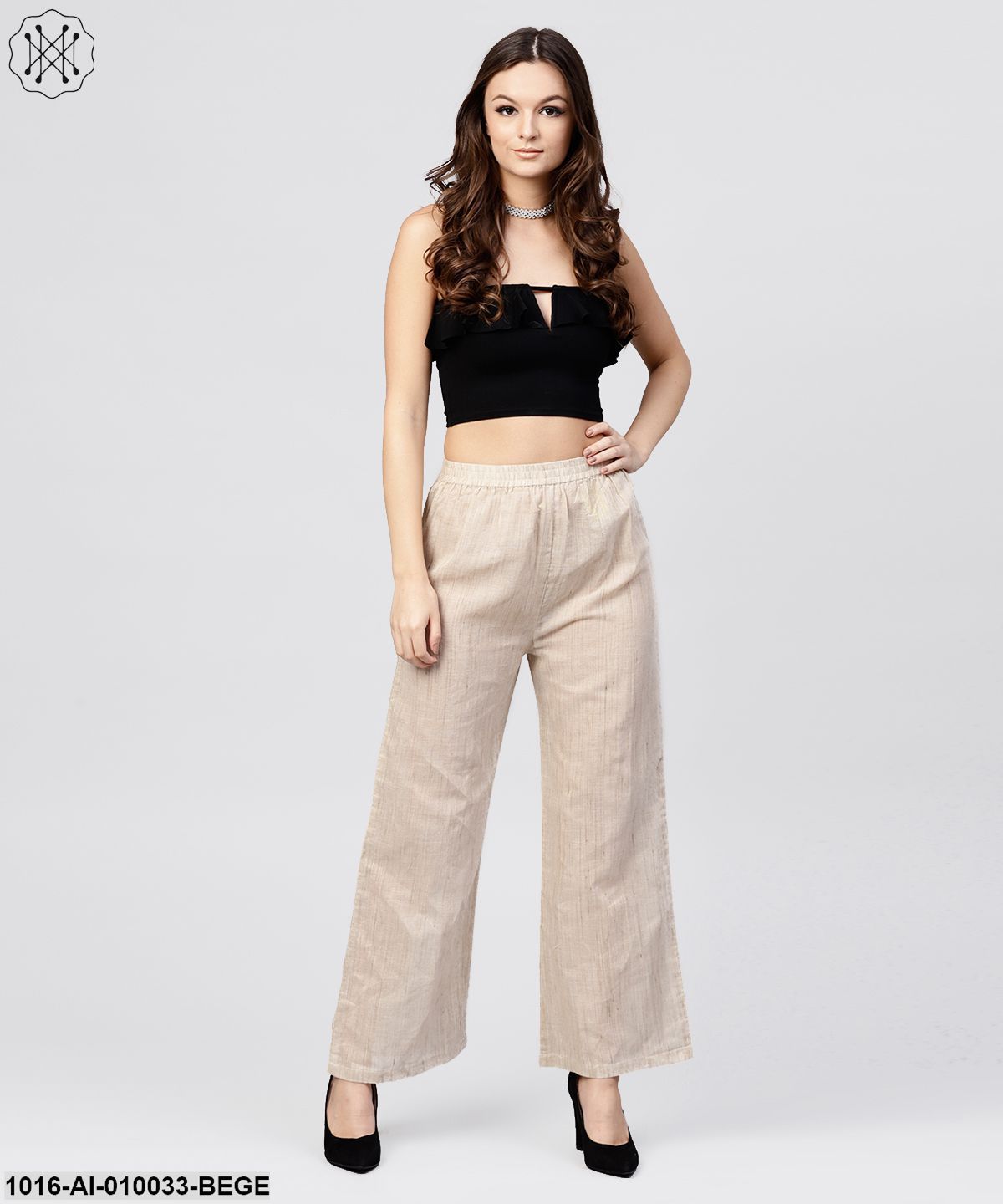 Beige Pleated Ankle Length Palazzo