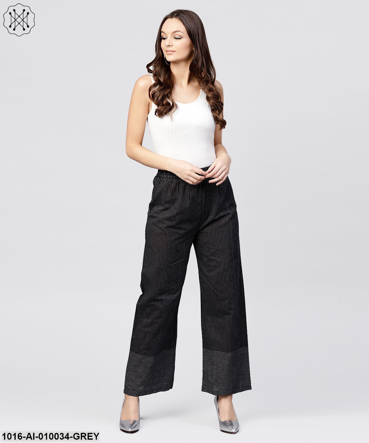 Black Striped Ankle Length Cotton Palazzo