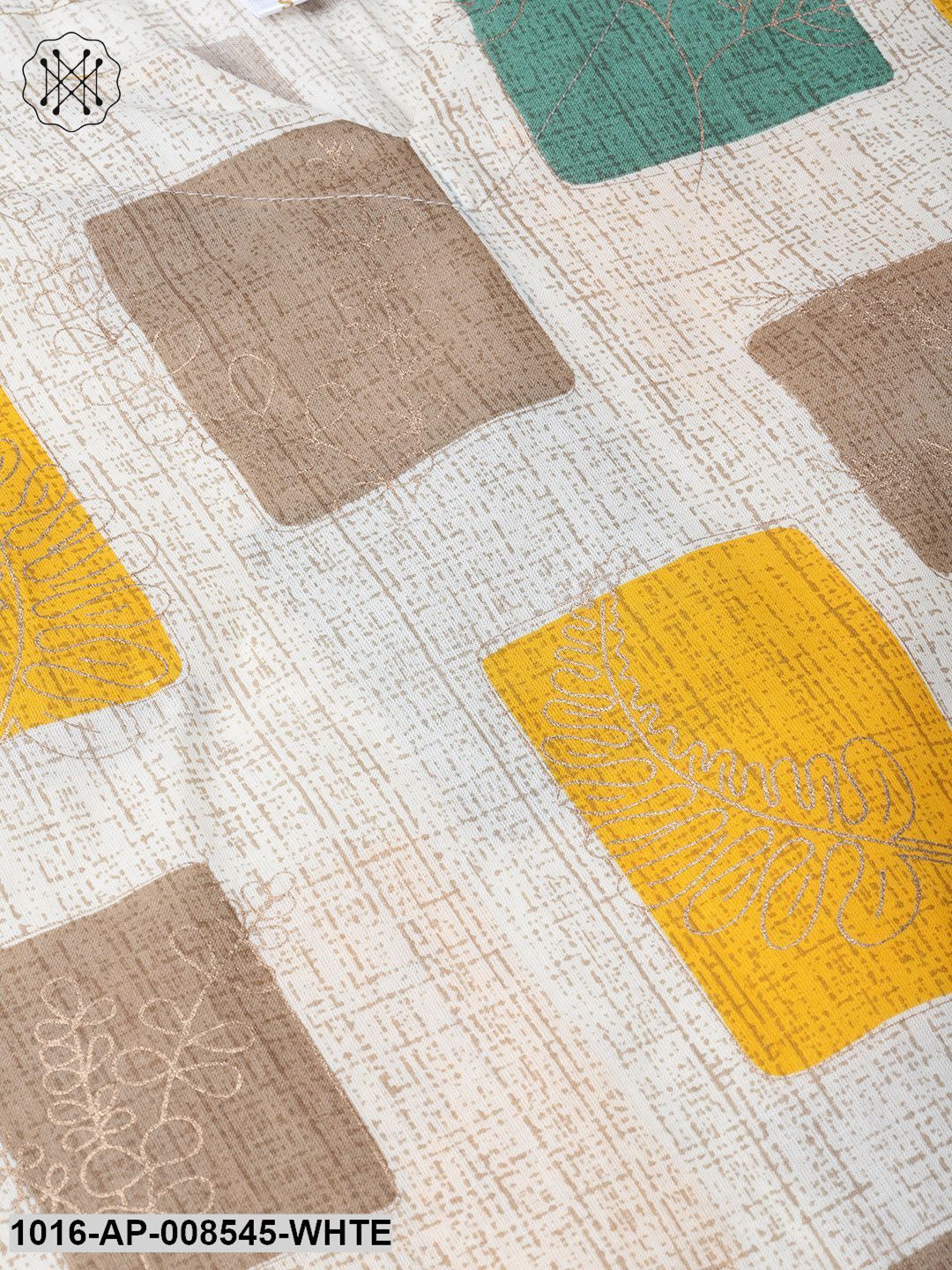 Off White & Multi Colored Printed Top With Round Neck & 3/4 Sleeves