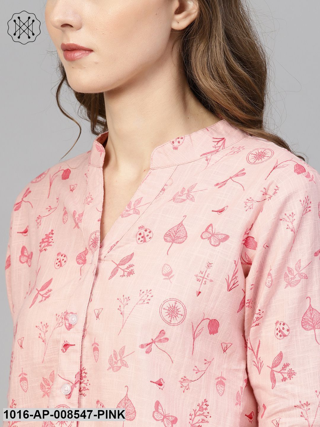 Pink Printed Top With Madarin Collar & 3/4 Sleeves