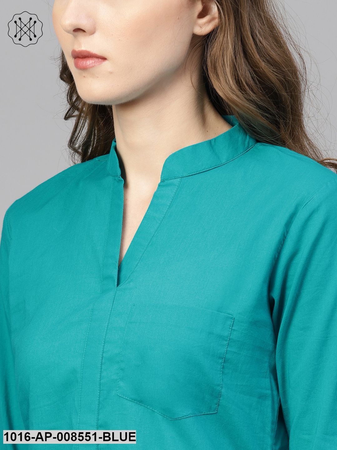 Turquoise Blue Top With Mandarin Collar & 3/4 Sleeves
