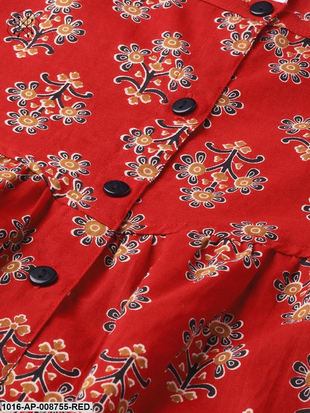 Red & Beige Printed Top with Round neck & full sleeves