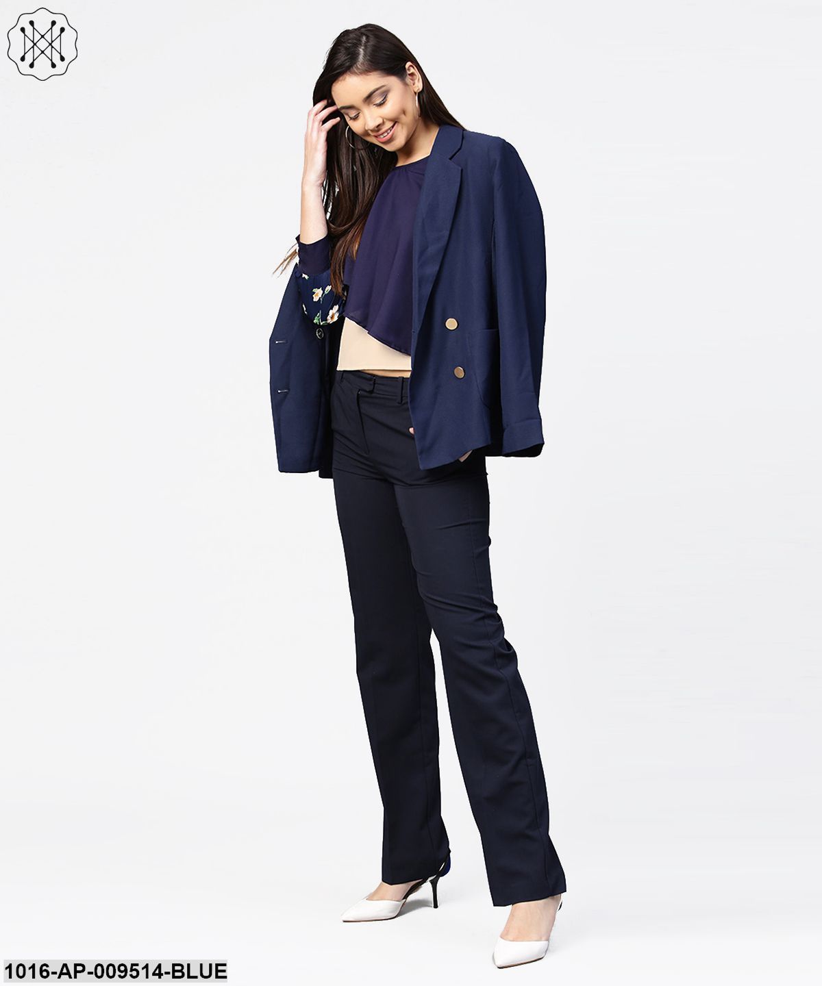 Blue Full Sleeve Assymetric Layered Crepe Tops