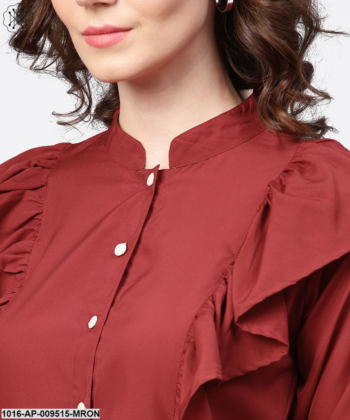 Maroon Full Sleeve Crepe Tops With Layred Design At Front