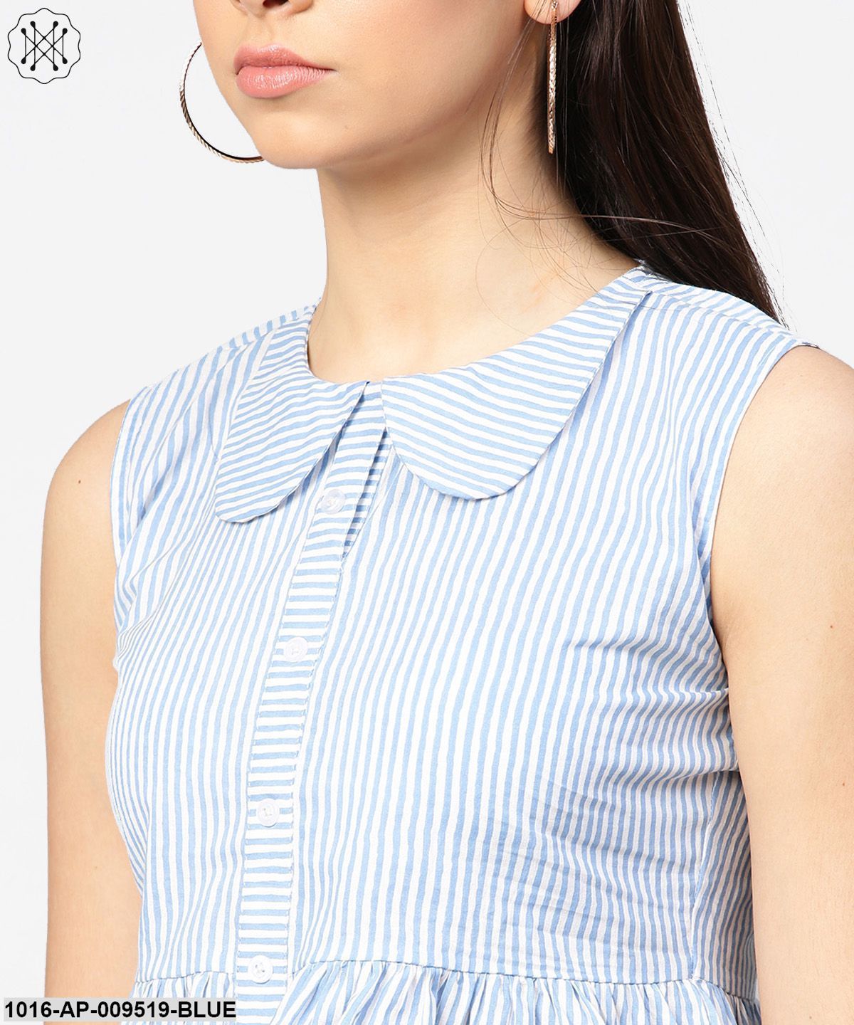 Blue Striped Cotton Sleeveless Front Open Top
