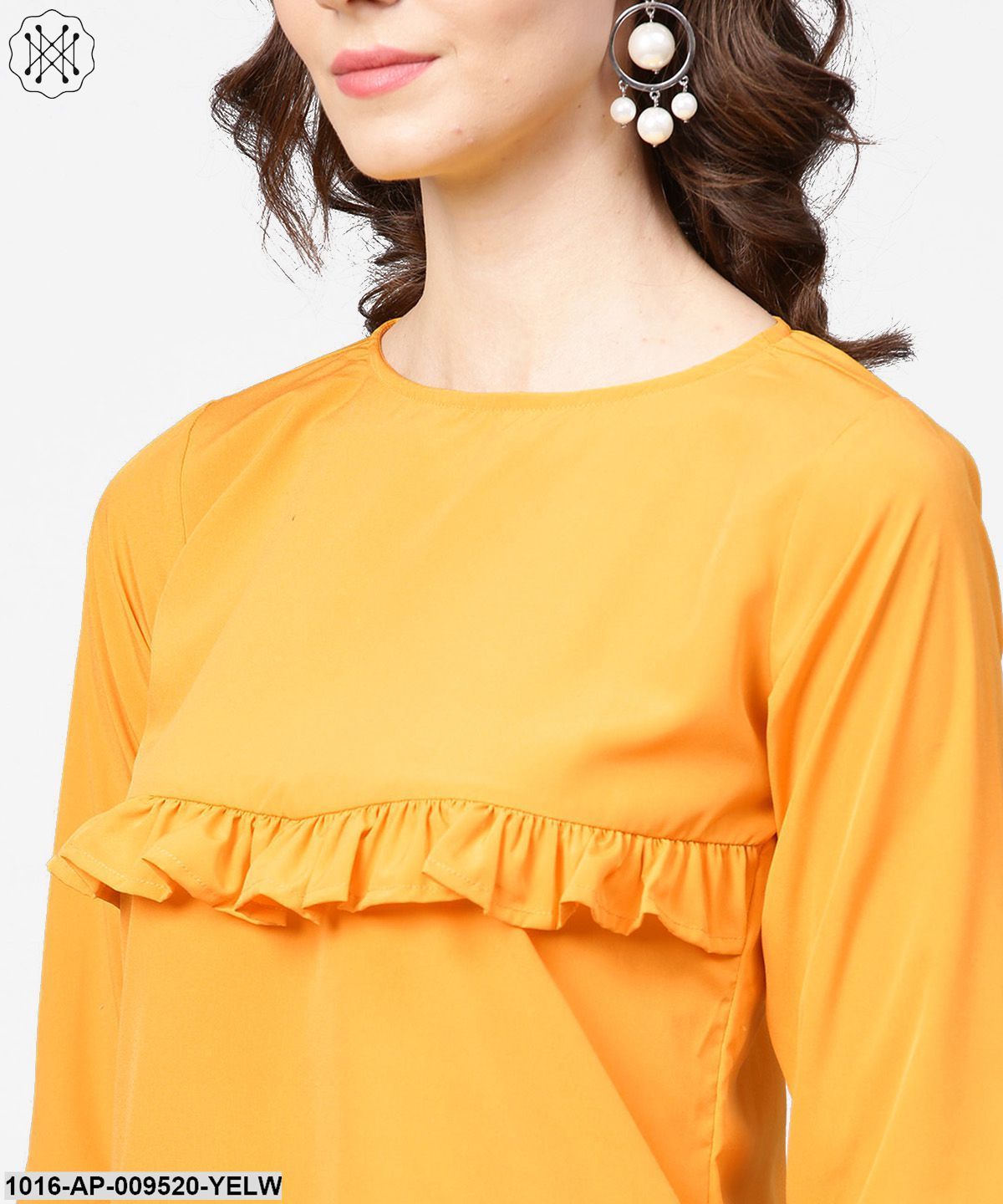 Yellow 3/4Th Sleeve Ruffle Tops