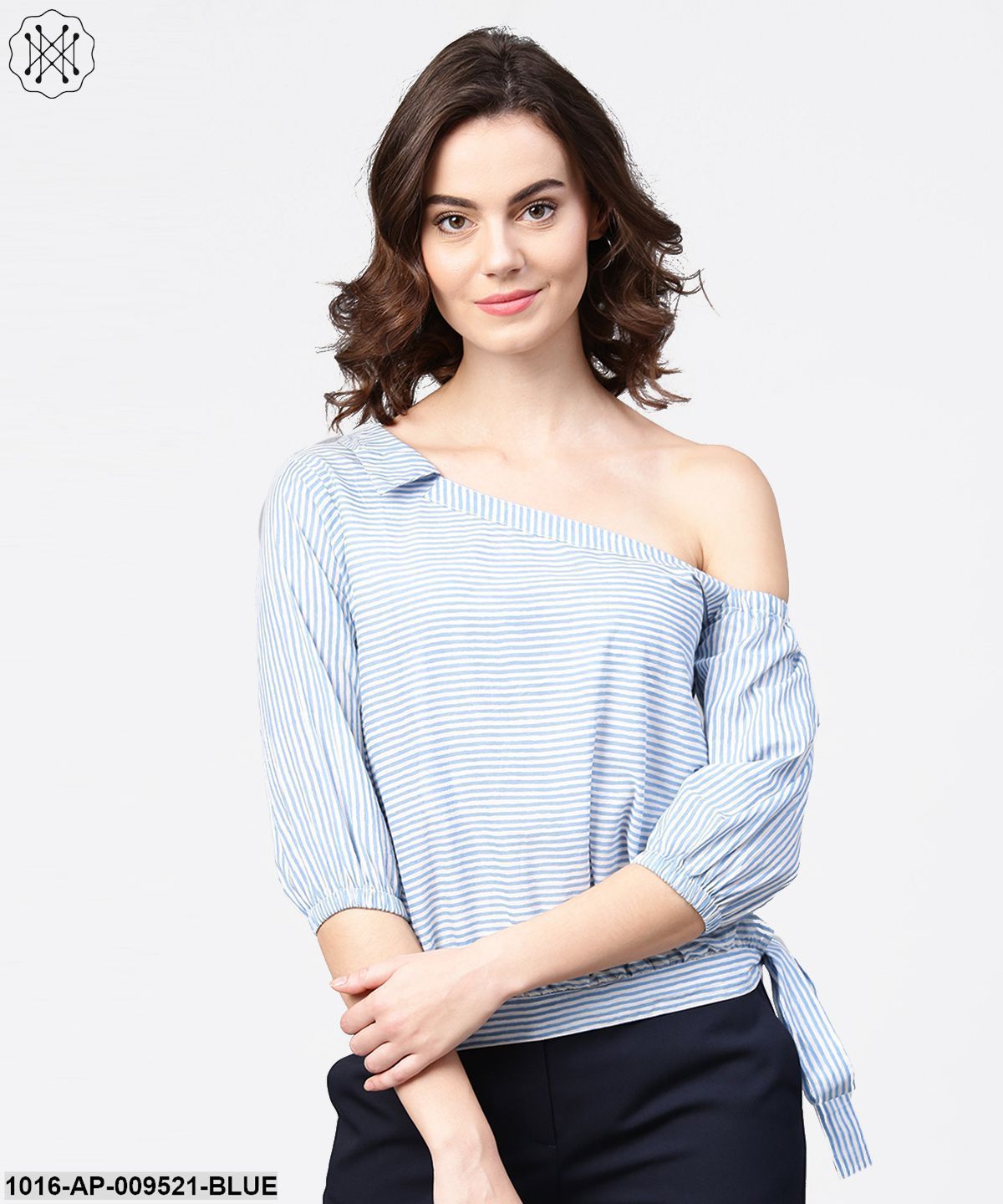 Blue Striped Half One Side Off Shoulder Cotton Tops