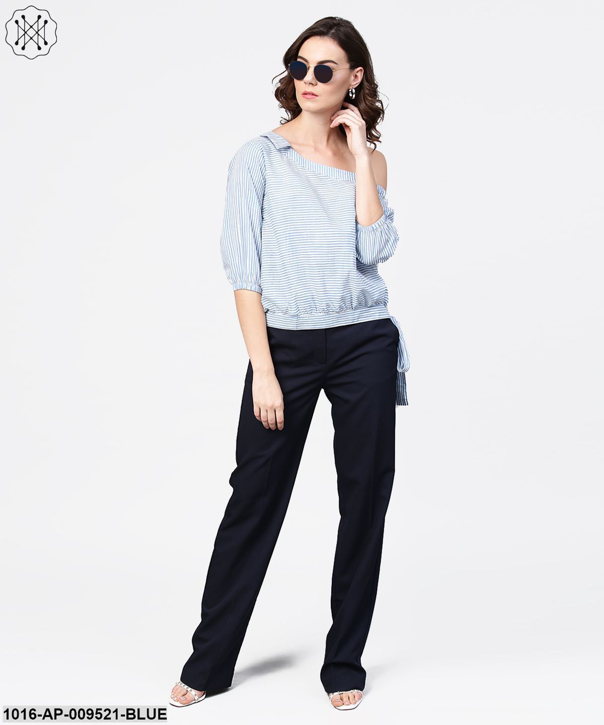 Blue Striped Half One Side Off Shoulder Cotton Tops