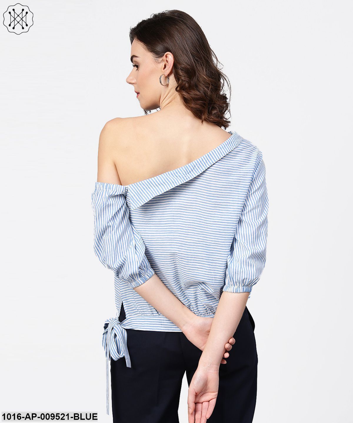 Blue Striped Half One Side Off Shoulder Cotton Tops
