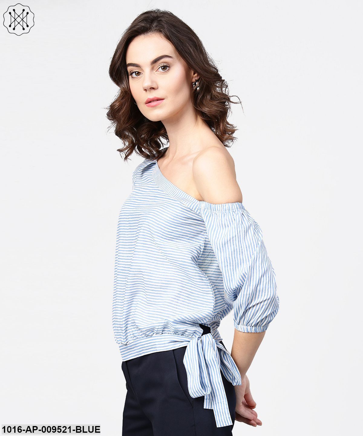 Blue Striped Half One Side Off Shoulder Cotton Tops