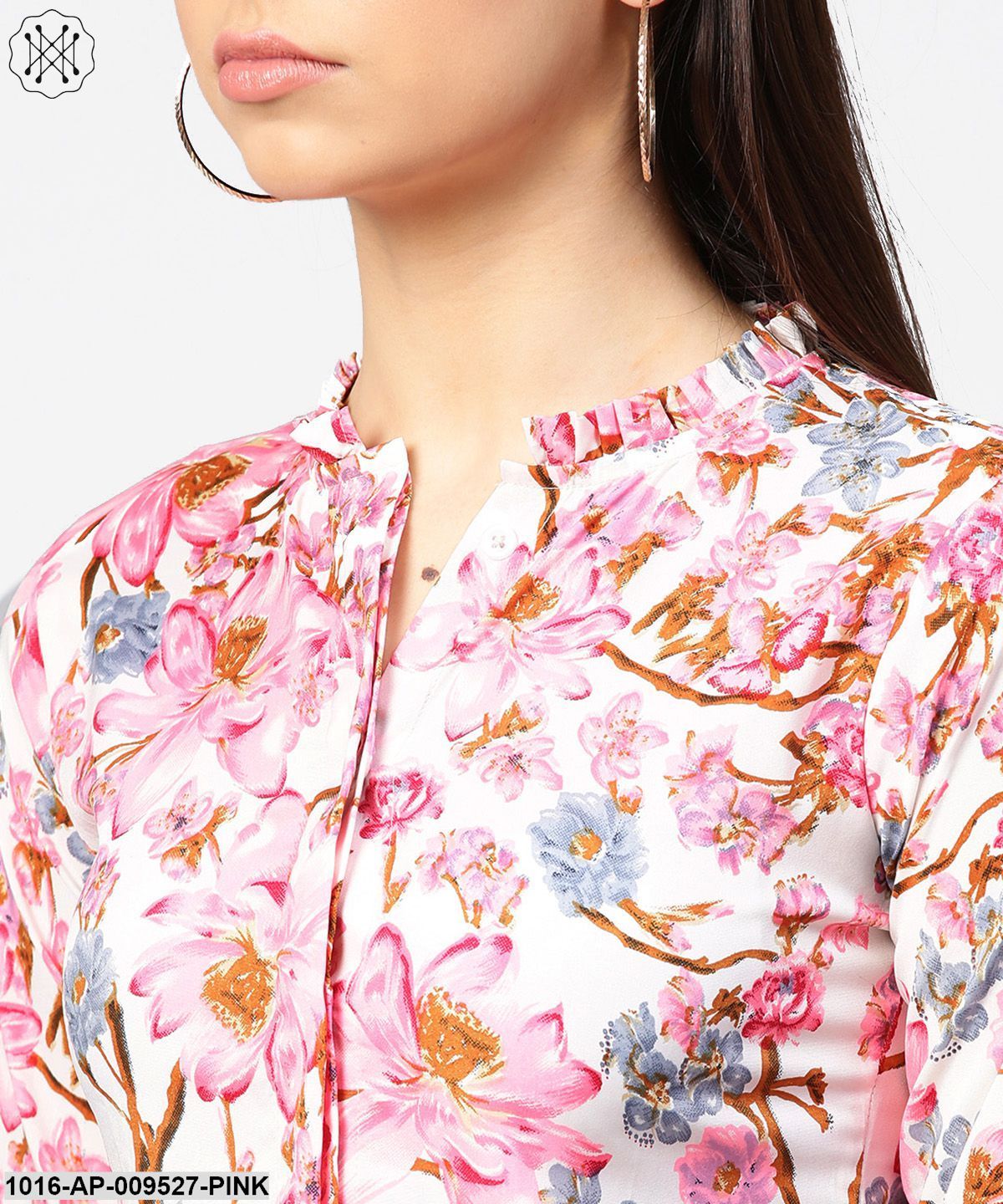 Pink Flower Print Full Sleeve Crop Tops