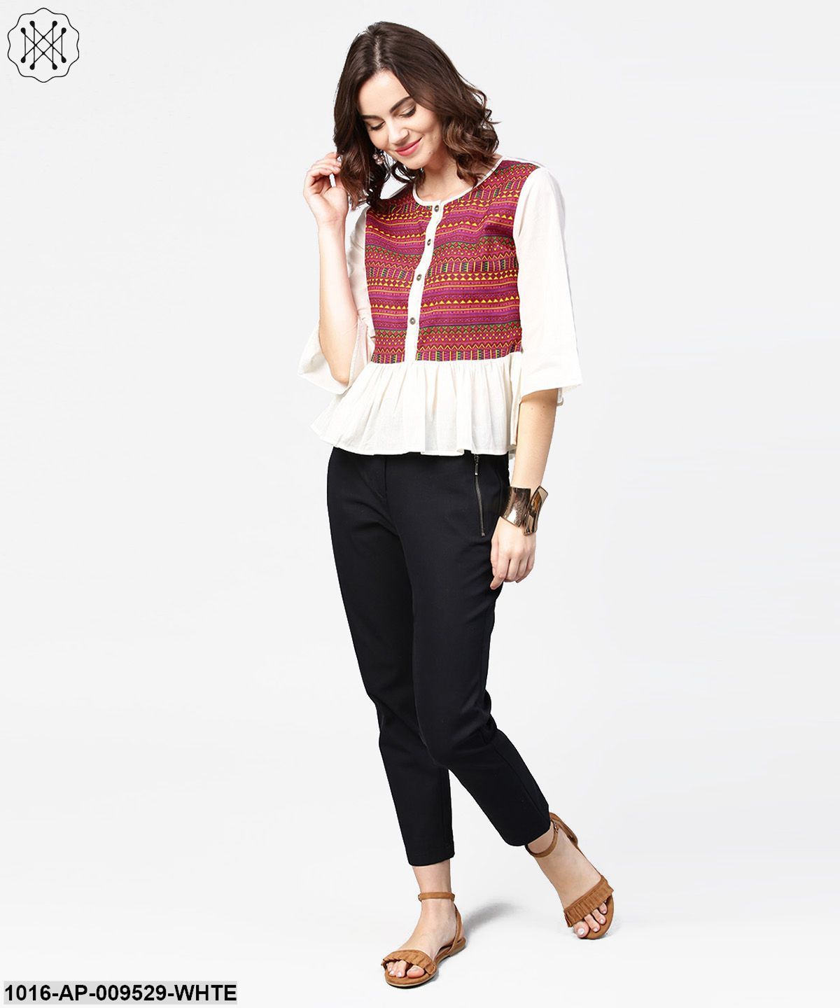 White & Red Printed 3/4Th Sleeve Cotton Crop Top