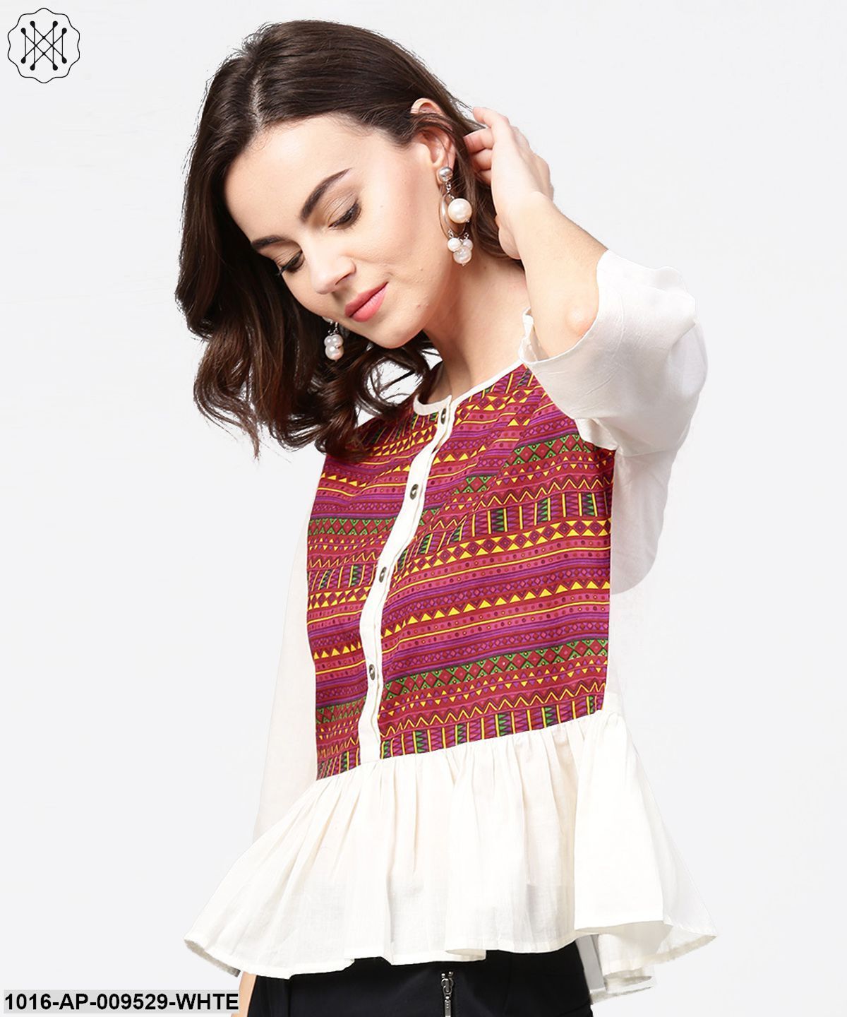 White & Red Printed 3/4Th Sleeve Cotton Crop Top