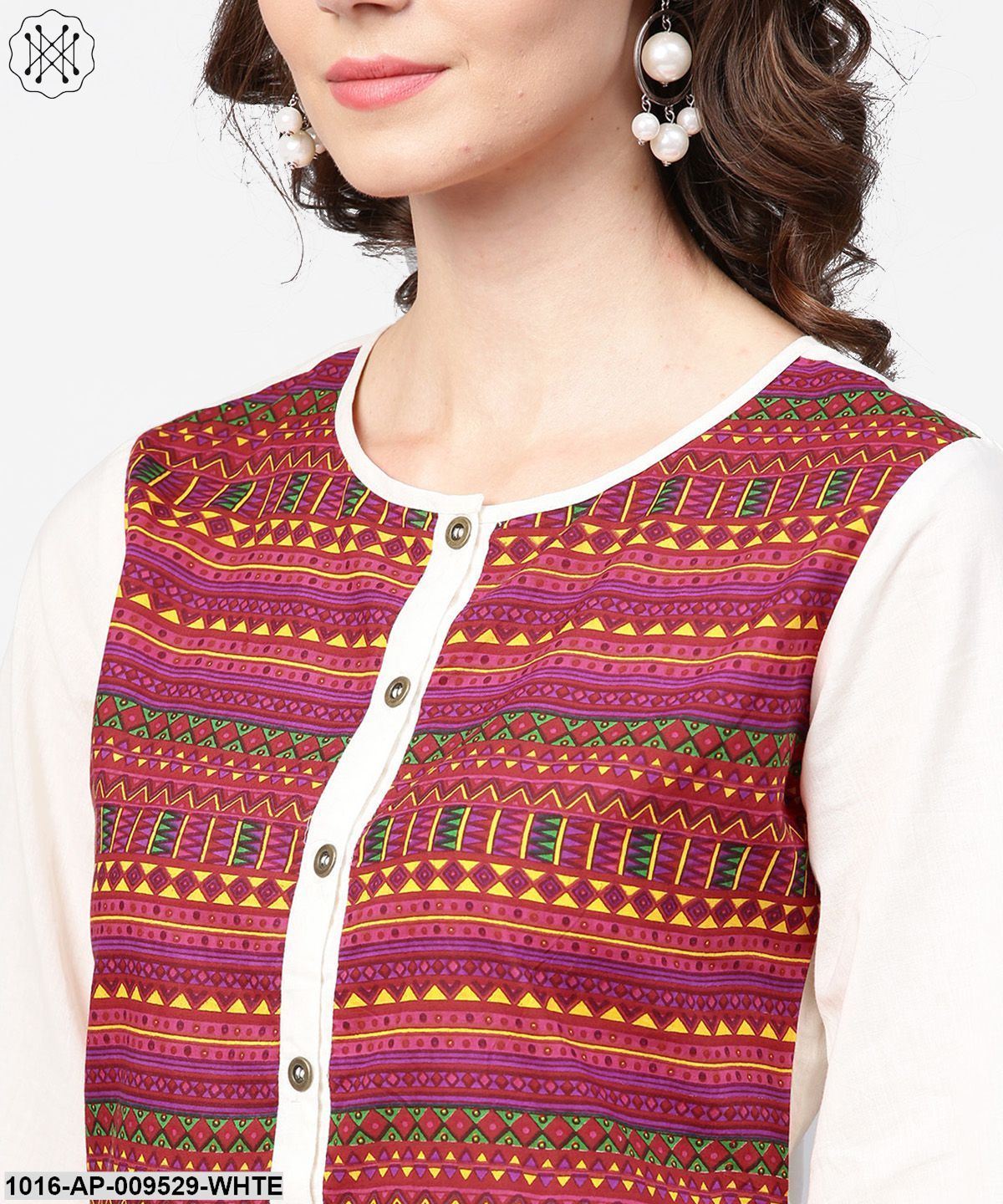 White & Red Printed 3/4Th Sleeve Cotton Crop Top
