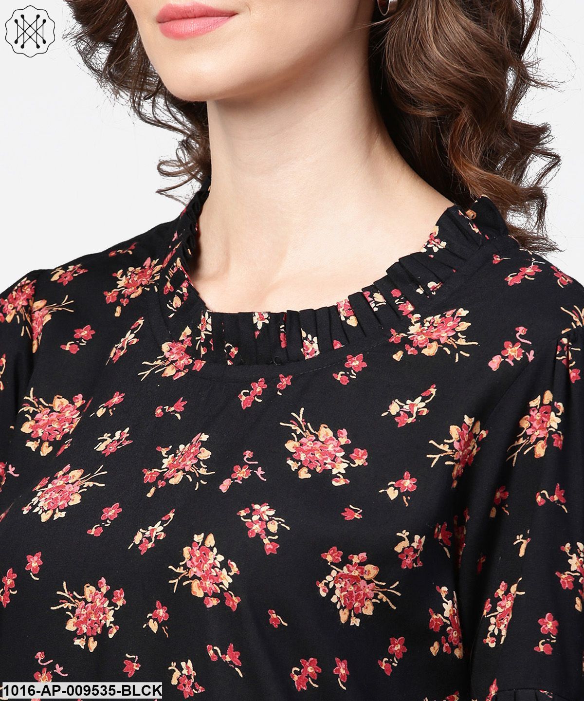 Black Printed Half Sleeve Cotton Tops