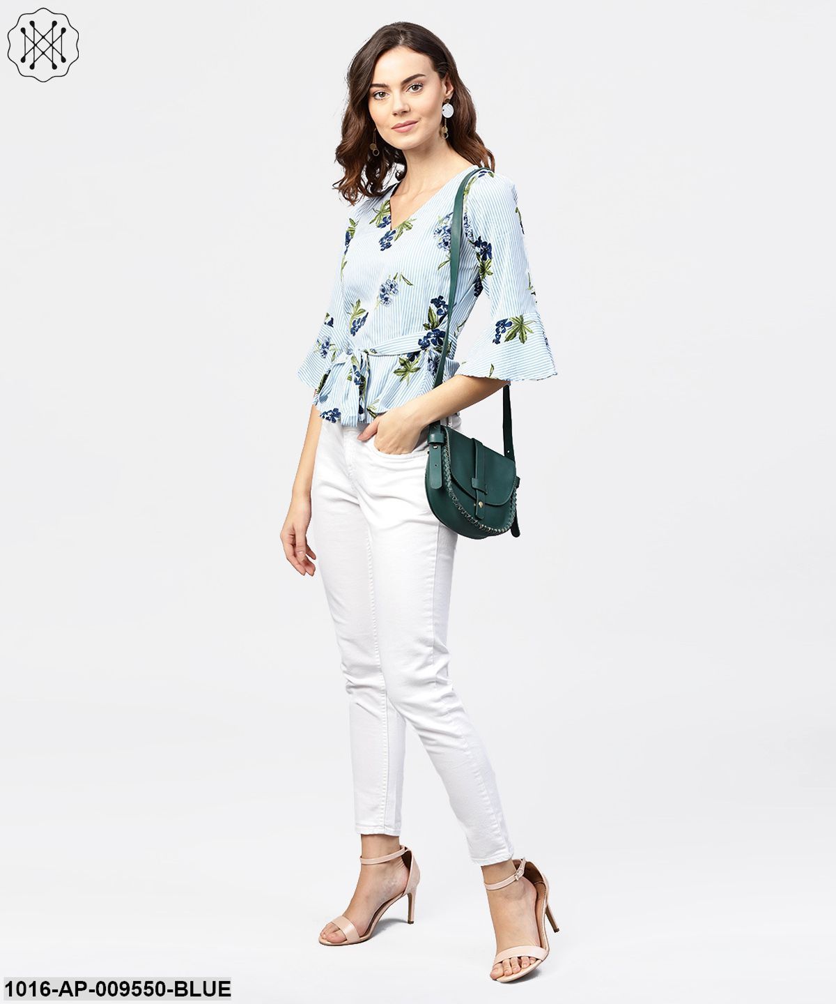 Blue Striped 3/4Th Sleeve Crepe Peplum Style Top With Attached Belt