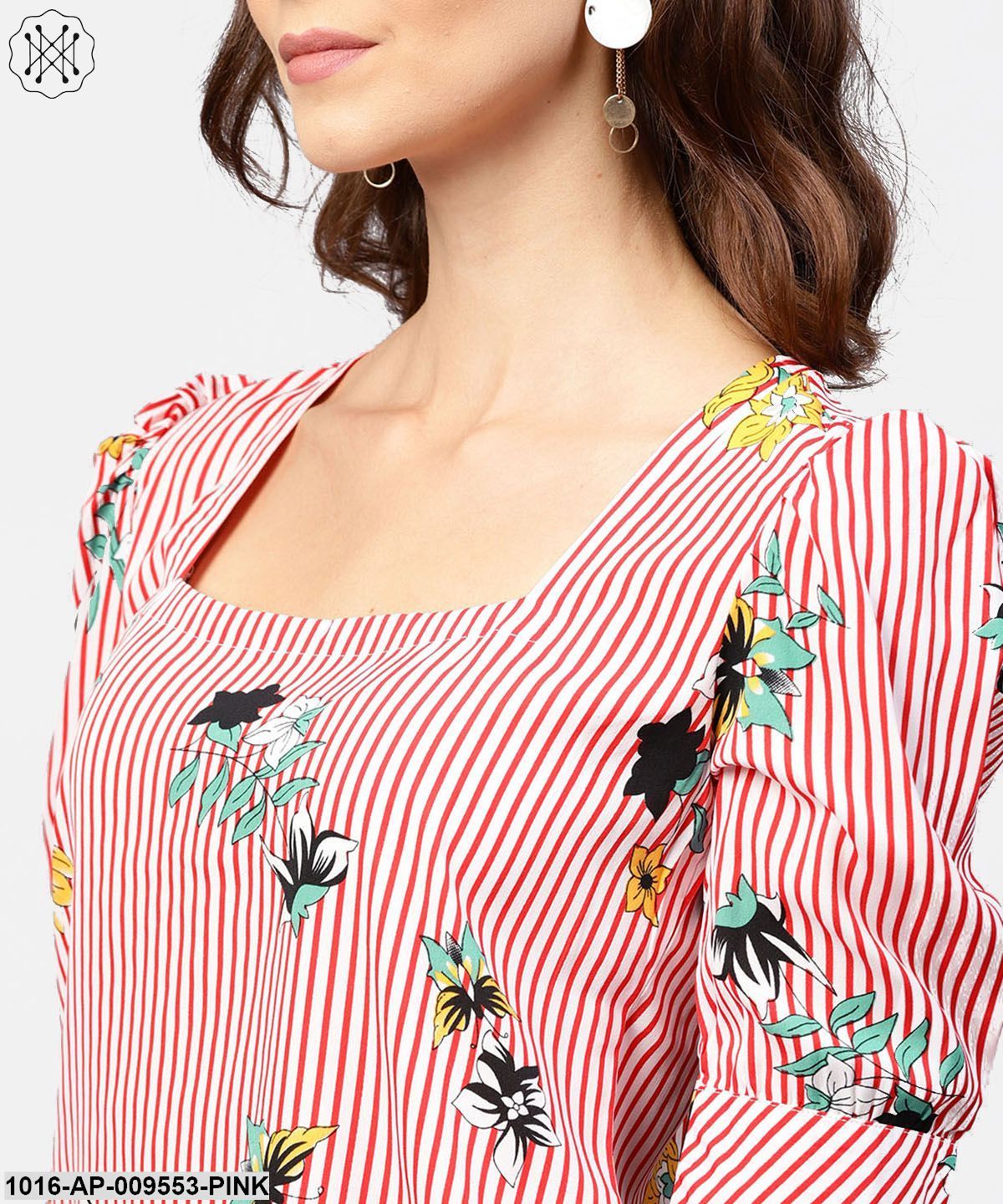 Pink Striped Half Cuff Style Sleeve Crepe Top