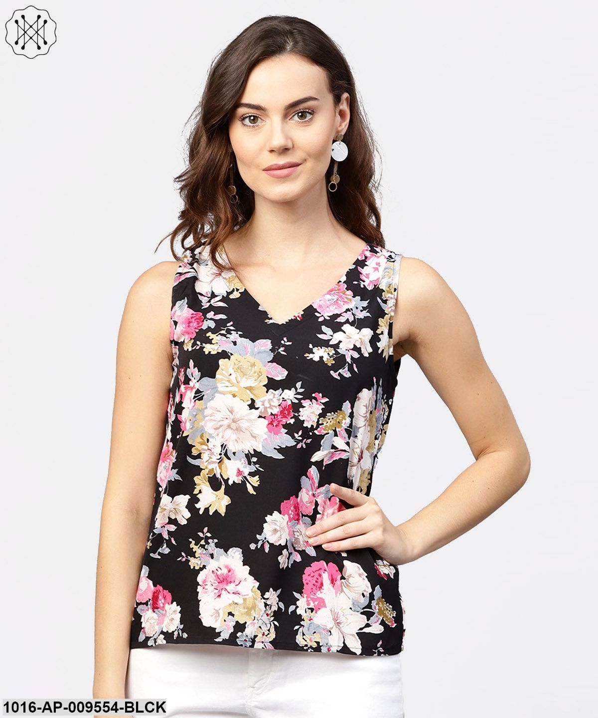 Black Printed Cutways Sleeveless Crepe Tops